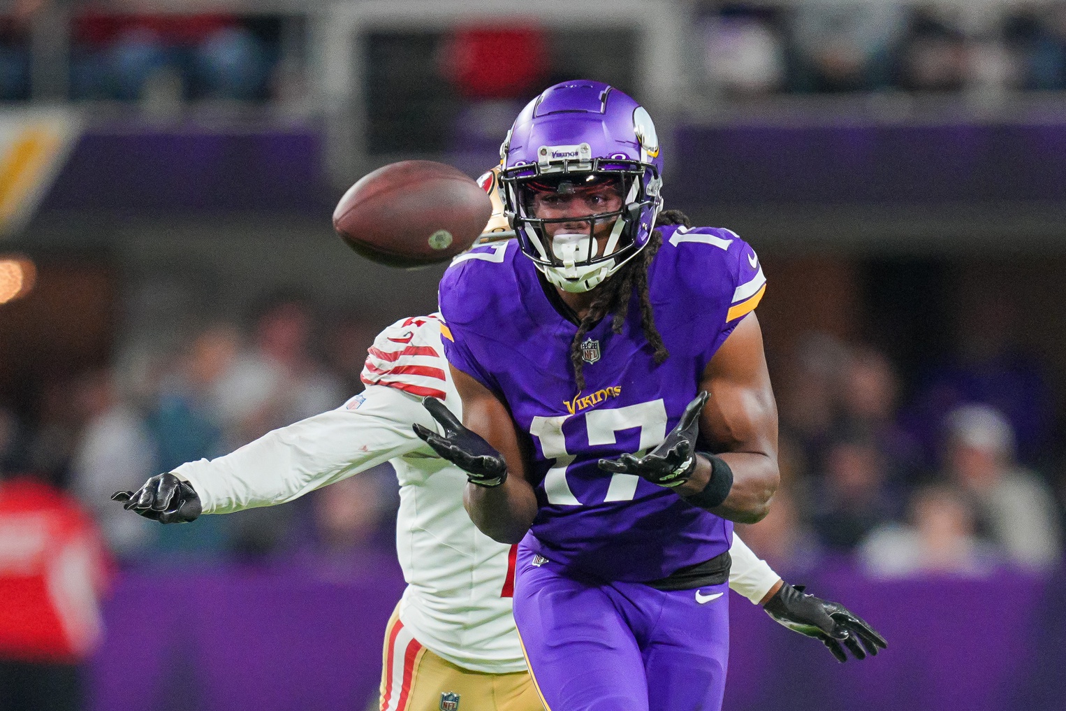 Oct 23, 2023; Minneapolis, Minnesota, USA; Minnesota Vikings wide receiver K.J. Osborn (17) catches a pass against the San Francisco 49ers in the fourth quarter at U.S. Bank Stadium.